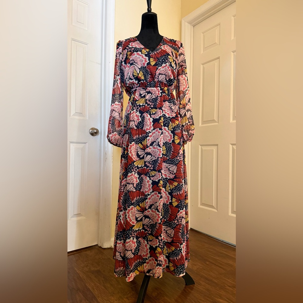 Boden Metallic Detail Maxi Dress Petal Stamp Print Size 8 Boho Floral - Picture 2 of 8